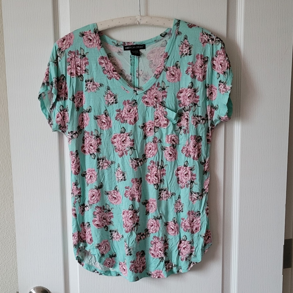 Aqua and pink floral print
